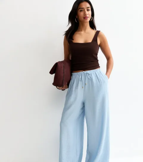 Petite Light Blue Crinkle Texture Wide Leg Trousers