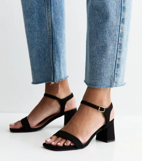 Black Faux Suede Square Toe Block Heel Sandals Vegan