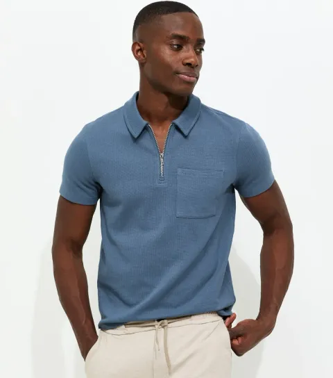 Dark Blue Regular Textured Quarter Zop Polo Shirt