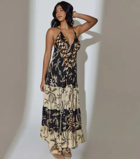 Black Tiered Halterneck Maxi Dress