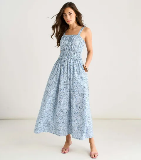 Blue Ditsy Floral Ruched Midi Dress