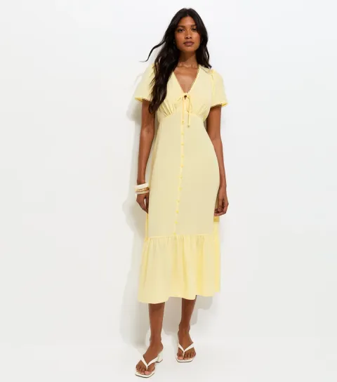 Light Yellow Button Through Tea Midi Dress
