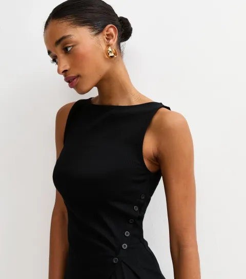 Black Asymmetric Hem Button Side Vest Top