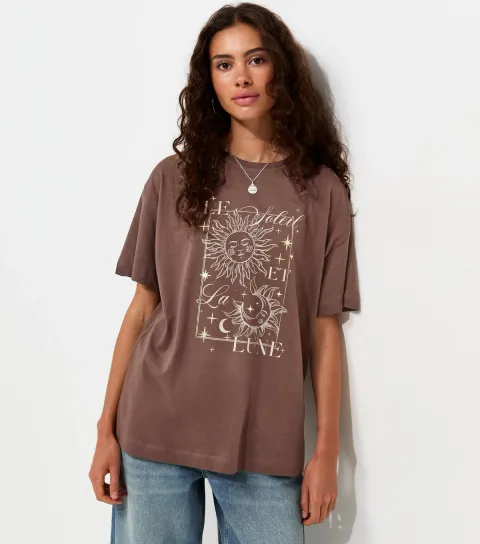 Dark Brown Cotton Sun Moon Oversized T-Shirt