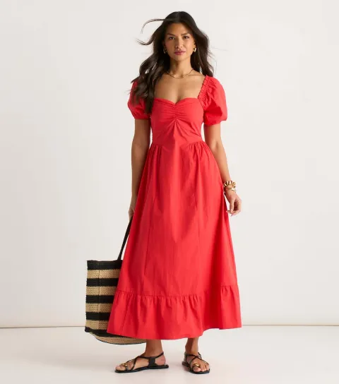 Bright Red Puff Sleeves Midi Dress