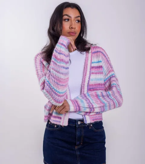Bright Pink Striped Space Dyed Cardigan