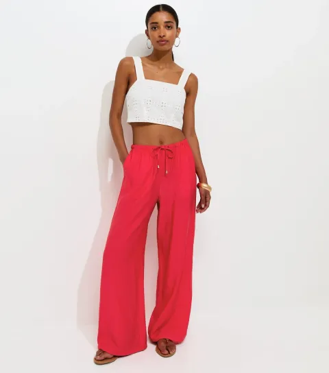 Bright Red Crinkle Wide Leg Trousers