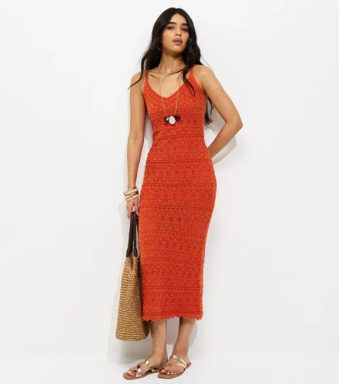 Bright Orange Cotton Rich Open Knit V-Neck Midi Dress
