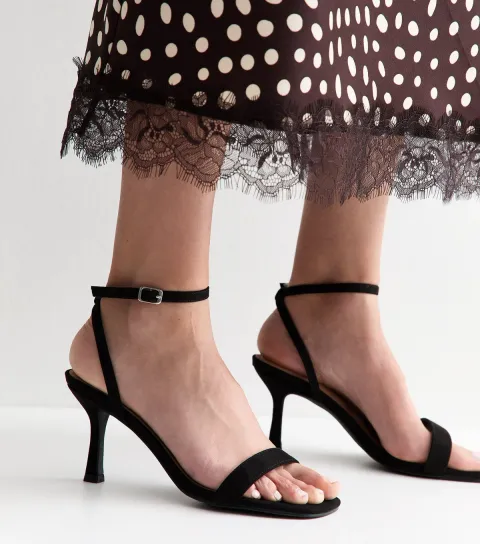 Wide Fit Black Faux Suede Front Strap Stiletto Sandals Vegan