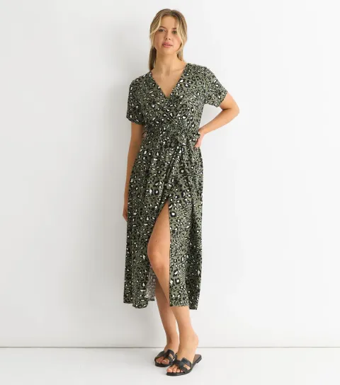 Khaki Animal Print Wrap Style Midi Dress