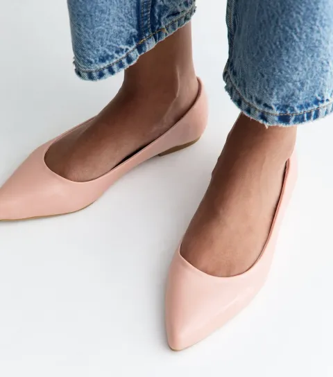 Light Pink Patent Faux Leather Pointed Ballet Pumps Vegan