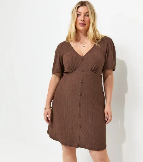 Plus Size Dark Brown Textured V-Neck Short Sleeve Mini Dress Curves