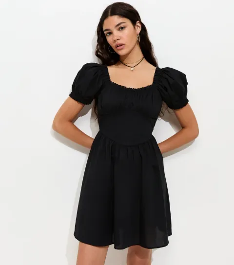 Black Cotton Lace Trim Corset Waist Milkmaid Mini Dress