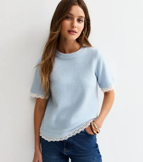 Light Blue Lace Trim Knitted T-Shirt