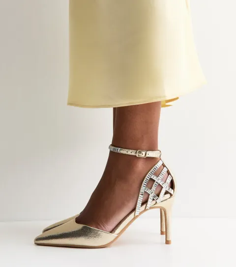 Gold Faux Leather Diamanté Cage Court Shoes Vegan
