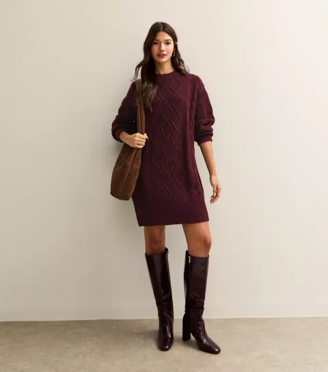 Dark Burgundy Cable Knit Crew Mini Dress