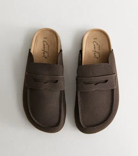 Brown Faux Suede Flat Loafer Mules Vegan