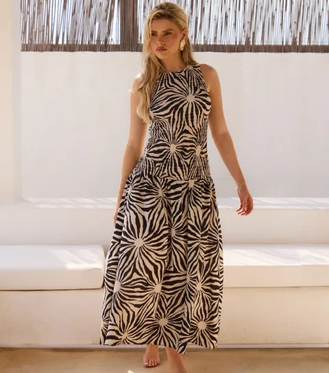 Black Sunburst Print Shirred Midi Dress