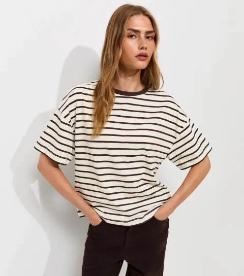 Brown Cotton Striped Oversized Boxy Fit T-Shirt