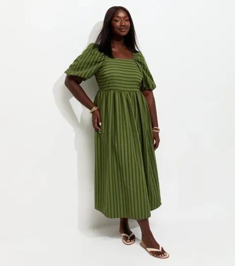Plus Size Dark Khaki Striped Seersucker Puff Sleeve Midi Dress Curves