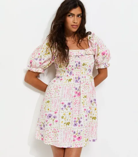 Cream Cotton Rich Floral Print Short Sleeve Shirred Frill Mini Dress