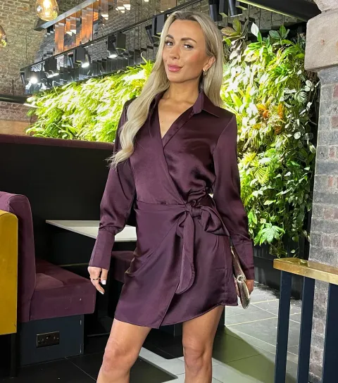 Dark Purple Wrap Mini Shirt Dress