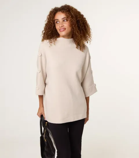 Oatmeal Cropped Sleeve Button Detail Jumper