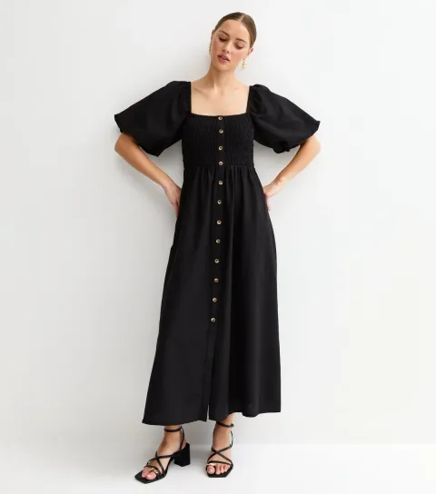 Black Faux Button Milkmaid Midi Dress