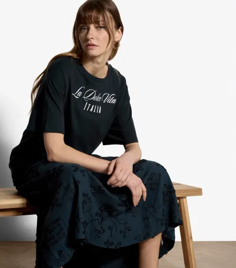 Navy Cotton Embroidered La Dolce Vita T-Shirt