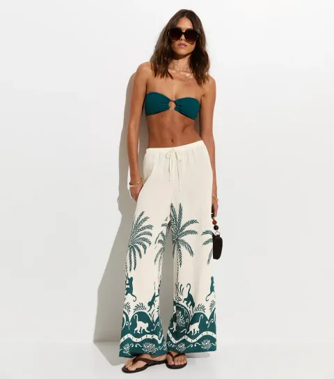 Teal Palm Pattern Beach Wide Leg Trouser