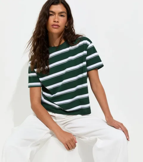 Green Cotton Striped Boxy Fit T-Shirt