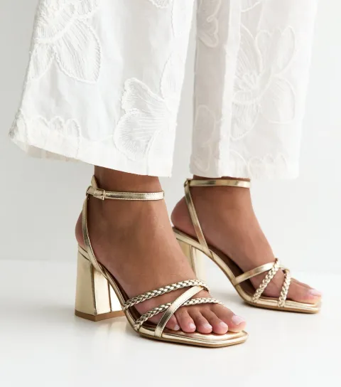 Wide Fit Gold Faux Leather Block Heel Sandals Vegan