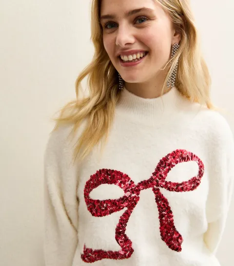 White Fluffy Sequin Bow Jumper