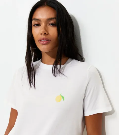White Cotton Lemon Print Relaxed Fit T-Shirt