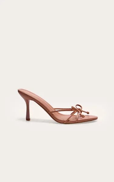 Nude PU Round Toe Bow Detail Mid Stiletto Heeled Mules