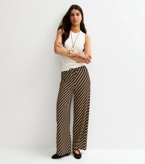Brown Crinkled Striped Wide Leg Trousers