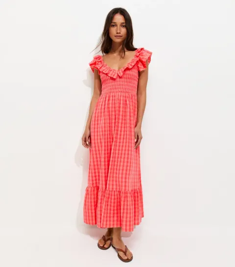 Red Cotton Gingham Ruffled Neck Midi Dress