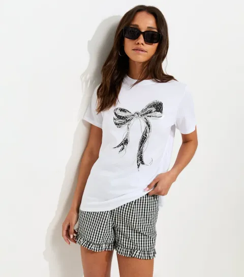 White Cotton Foil Print Bow T-Shirt