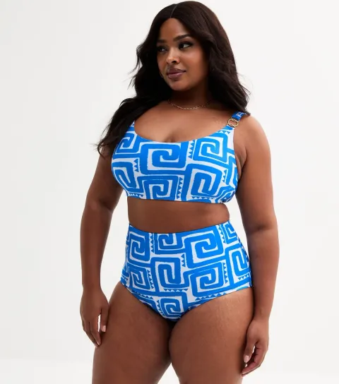 Plus Size Blue Swirl Print High Waisted Bikini Bottoms Curves