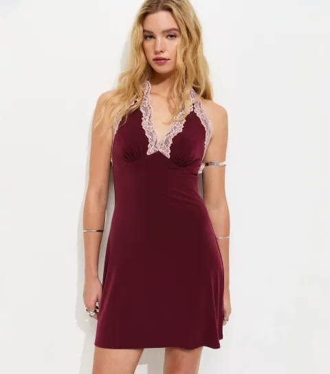 Dark Burgundy Contrast Lace Trim Halter Neck Mini Dress