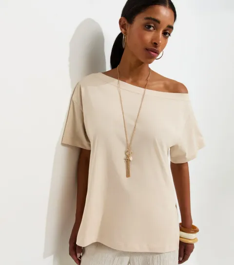 Stone Cotton Off The Shoulder T-Shirt