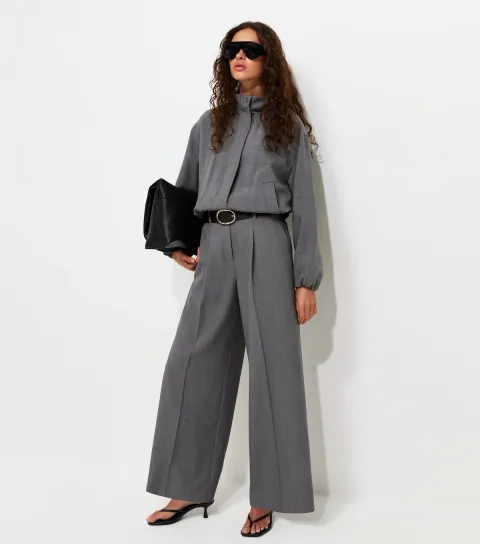 Dark Grey Pleated Tailored Wide Leg Trousers