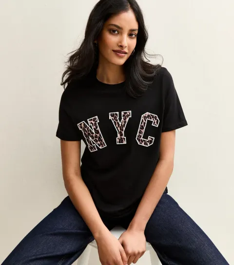 Black Leopard Print NYC Slogan T-Shirt