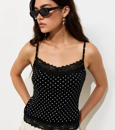 Black Cotton Rich Spotty Lace Trim Cami Top