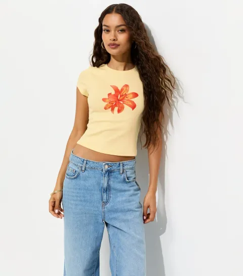 Petite Light Yellow Cotton Rich Tiger Lily Print Baby Tee T-Shirt