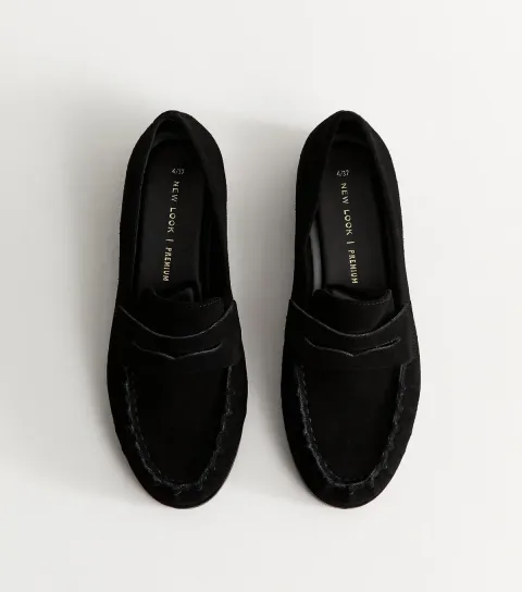 Premium Real Suede Black Penny Slot Loafers