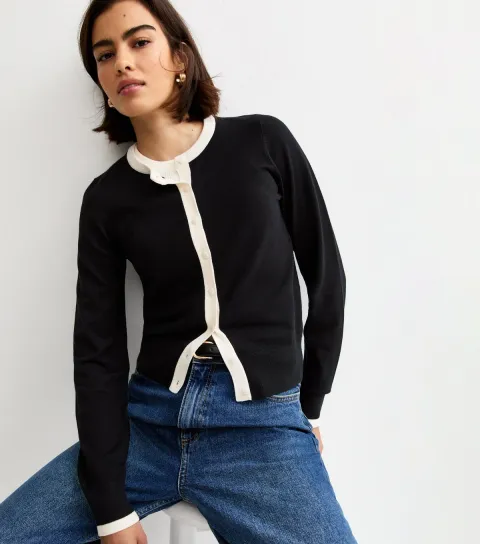 Black Trimmed Crew Neck Knit Cardigan