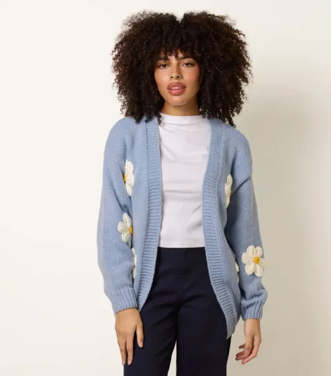 Blue Longline Embroidered Daisy Cardigan
