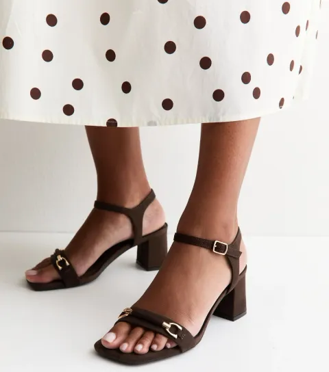 Dark Brown Faux Suede Horsebit Detail Block Heel Sandals Vegan