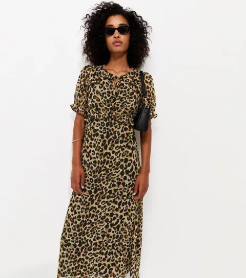 Brown Leopard Print Ruffle Chiffon Short Sleeve Midi Dress